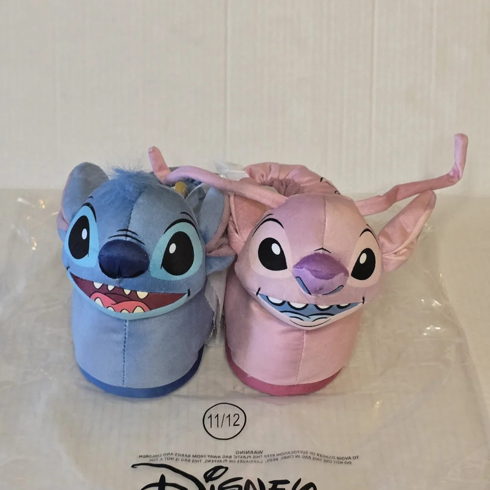 Disney Stitch & Angel Slippers Kids Size 11/12 Plush Lilo & Stitch Blue Pink